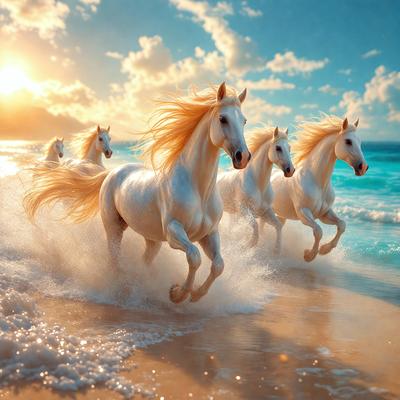 Primary subject: A group of white horses running on the beach.

Setting/background: The beach, with the ocean in the background.

Visual style: Digital art.

Colors and mood: The image is in color, with a vibrant and lively atmosphere, as the horses are running and enjoying their time on the beach.